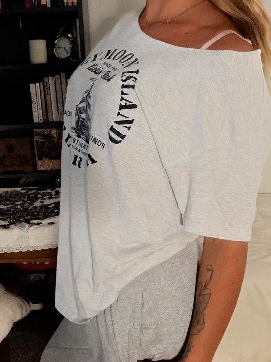 Brandy Melville Tops - gray oversized off shoulder graphic tee